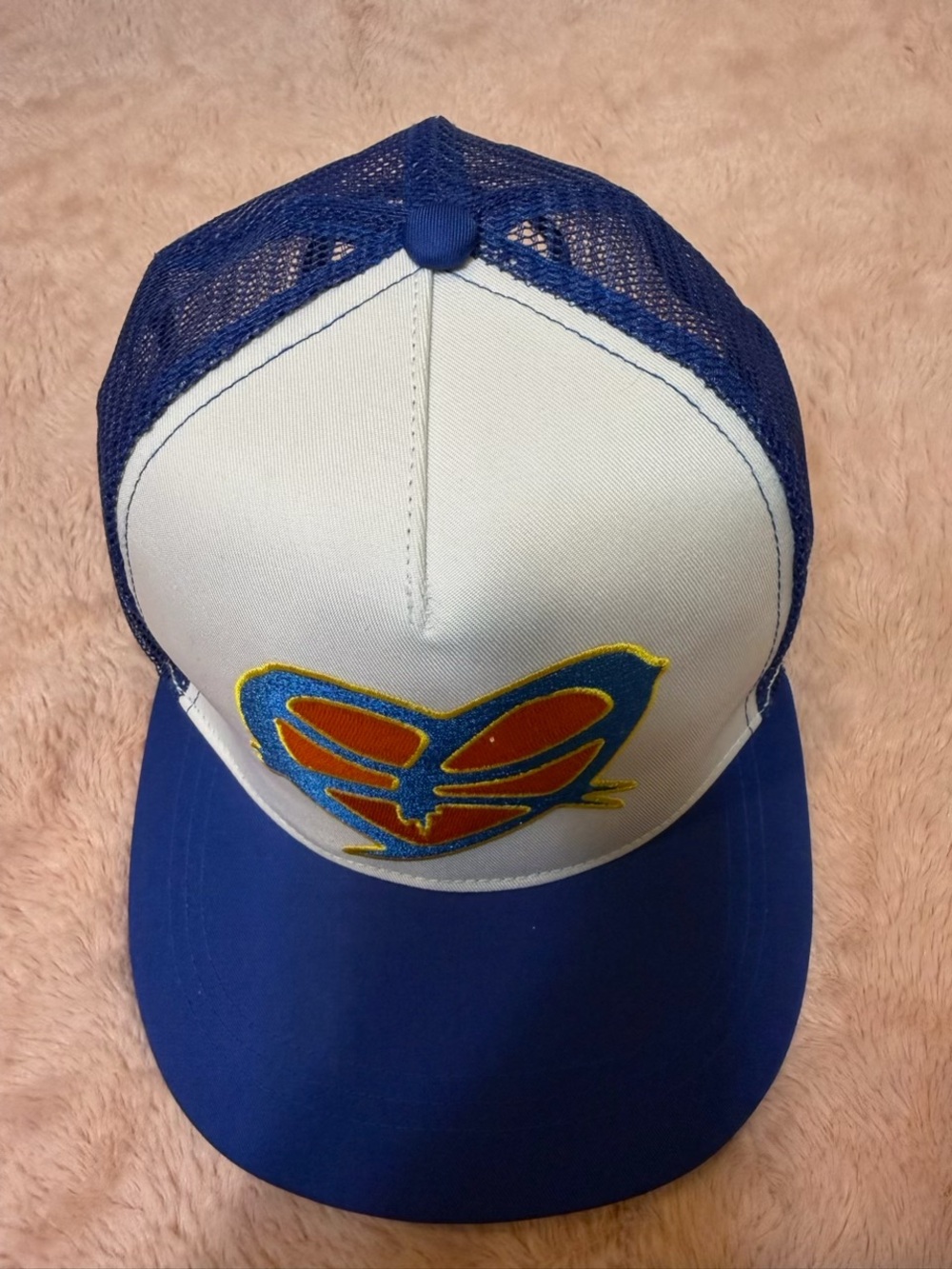 Blue and White Mesh Trucker Cap with Colorful Patch